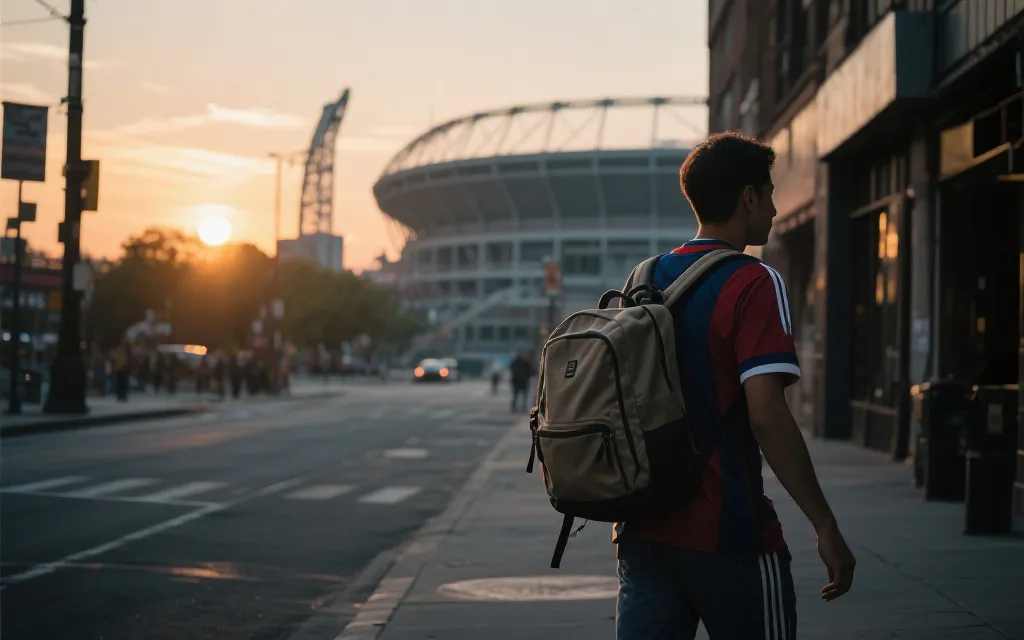 球迷在城市之间旅行的场景，强调行程规划与观赛热情
